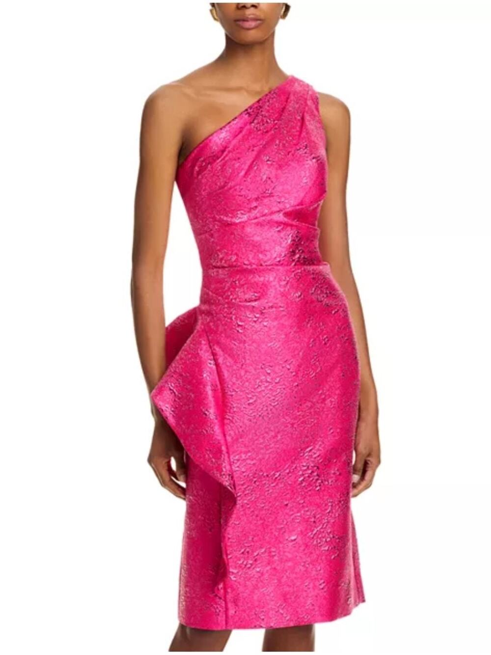 Teri Jon Metallic Jacquard One Shoulder Ruffle Cocktail Dress Hot Pink 8 NWT